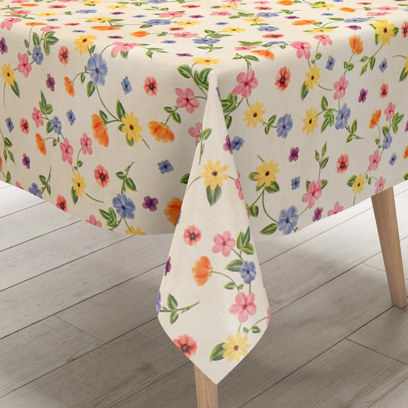 Wachstuch Tischdecke 200B bunte Blumen auf beige eckig rund oval