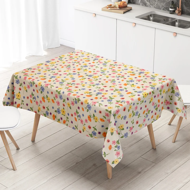 Wachstuch Tischdecke 200B bunte Blumen auf beige eckig rund oval