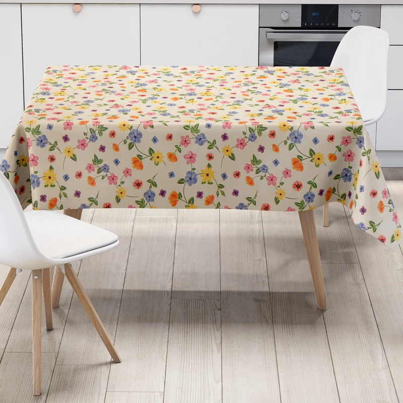 Wachstuch Tischdecke 200B bunte Blumen auf beige eckig rund oval