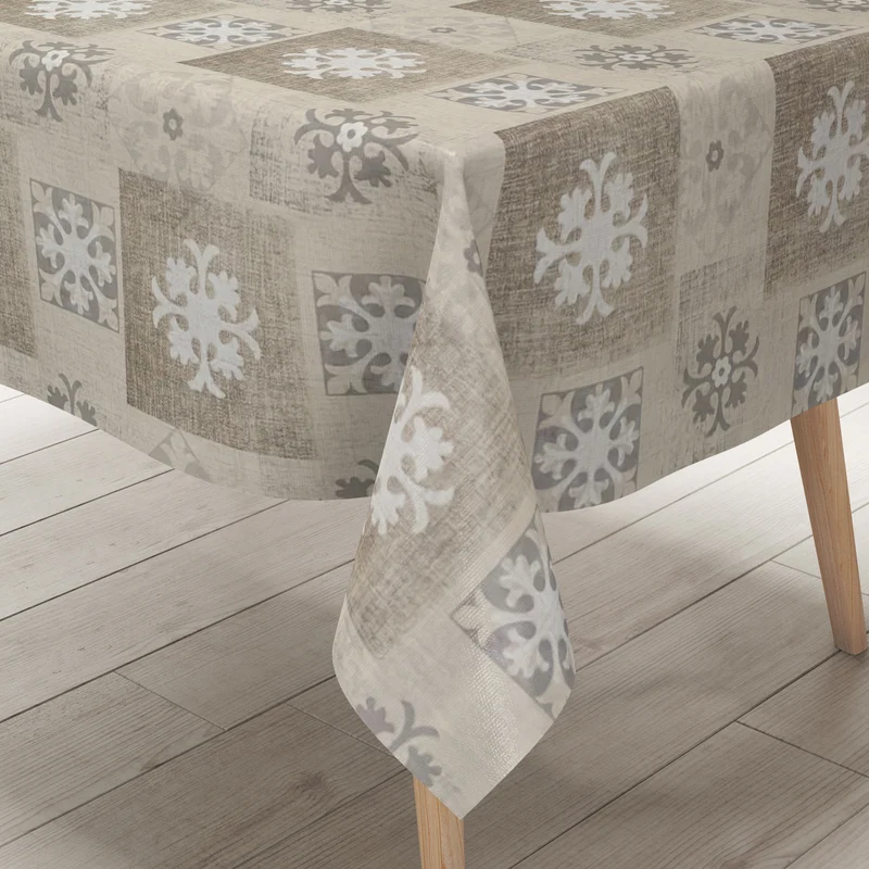 Wachstuch Tischdecke 160 cm Breite Übergröße geprägt B1025-01 beige Quadrate Ornamente eckig rund oval