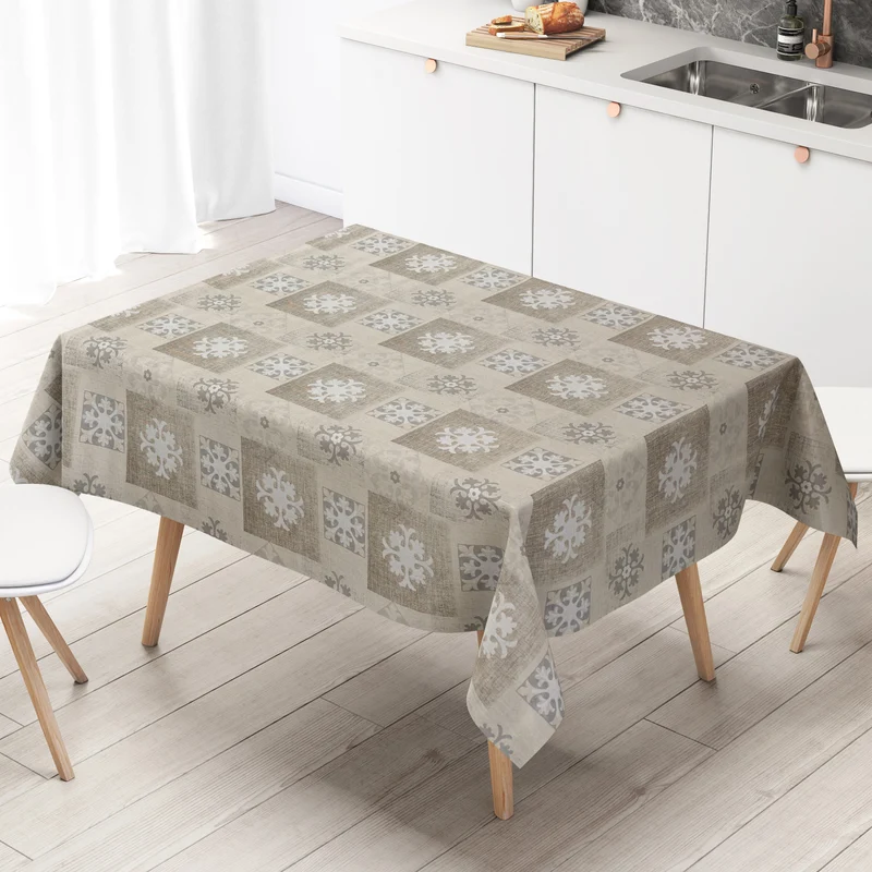 Wachstuch Tischdecke 160 cm Breite Übergröße geprägt B1025-01 beige Quadrate Ornamente eckig rund oval