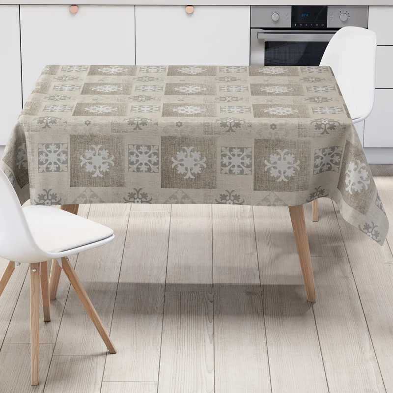 Wachstuch Tischdecke 160 cm Breite Übergröße geprägt B1025-01 beige Quadrate Ornamente eckig rund oval