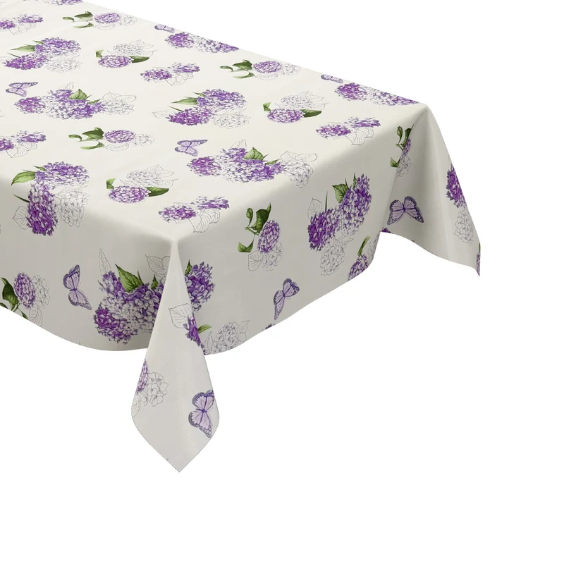 Wachstuch Tischdecke KE38120 Hortensien Blüten Schmetterlinge auf weiß eckig rund oval