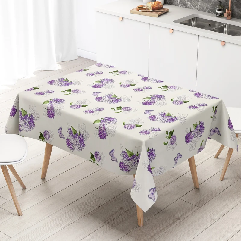 Wachstuch Tischdecke KE38120 Hortensien Blüten Schmetterlinge auf weiß eckig rund oval