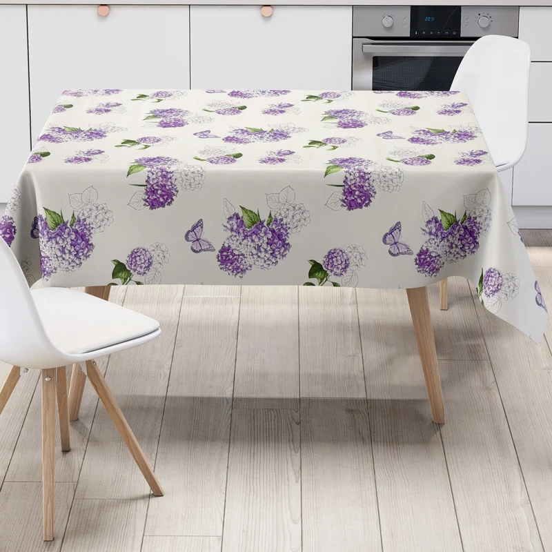 Wachstuch Tischdecke KE38120 Hortensien Blüten Schmetterlinge auf weiß eckig rund oval