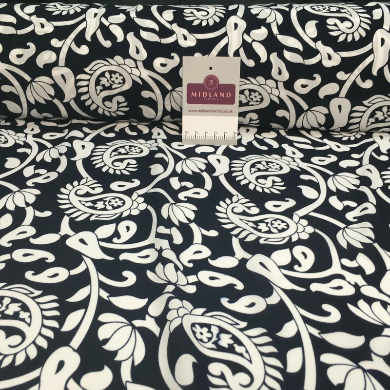 Navy Ornamental Paisley Navy Print &Plain Georgette Dress Fabric M1549 Mtex