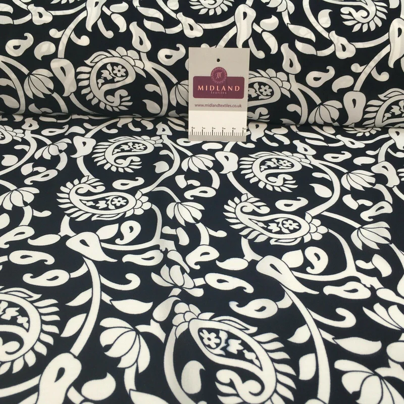 Navy Ornamental Paisley Navy Print &Plain Georgette Dress Fabric M1549 Mtex