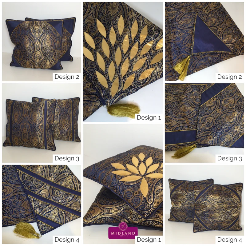 Navy Blue Indian Ornamental banarsi raw silk Cushion Cover Table Runner M1386