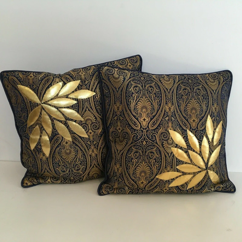 Navy Blue Indian Ornamental banarsi raw silk Cushion Cover Table Runner M1386