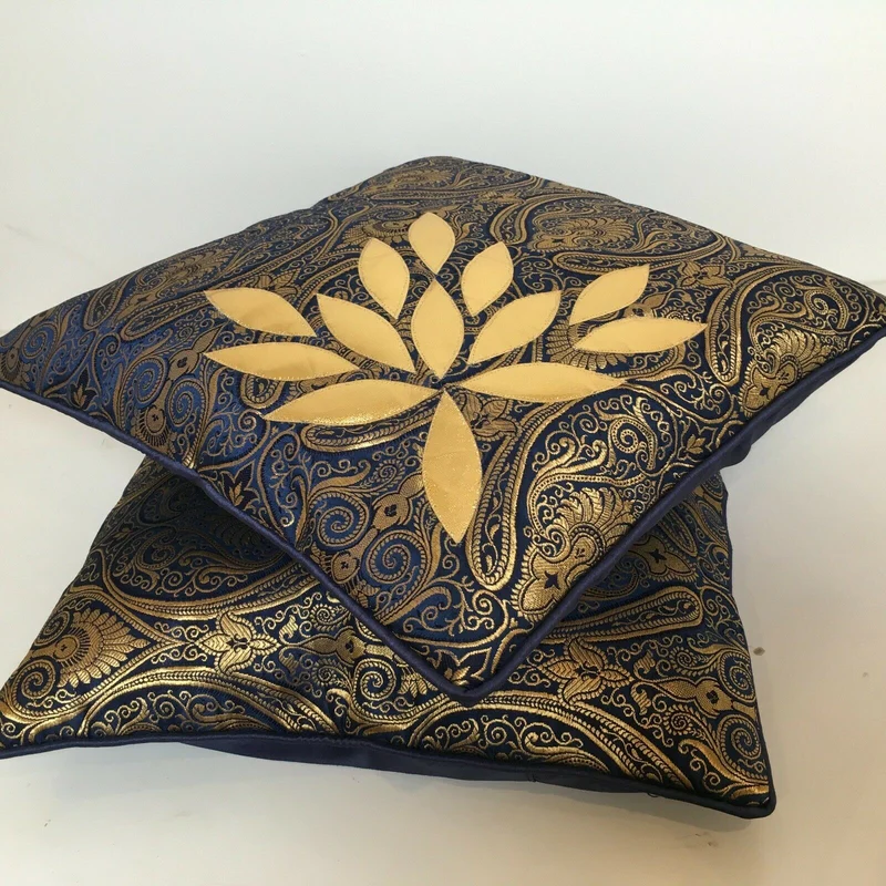 Navy Blue Indian Ornamental banarsi raw silk Cushion Cover Table Runner M1386