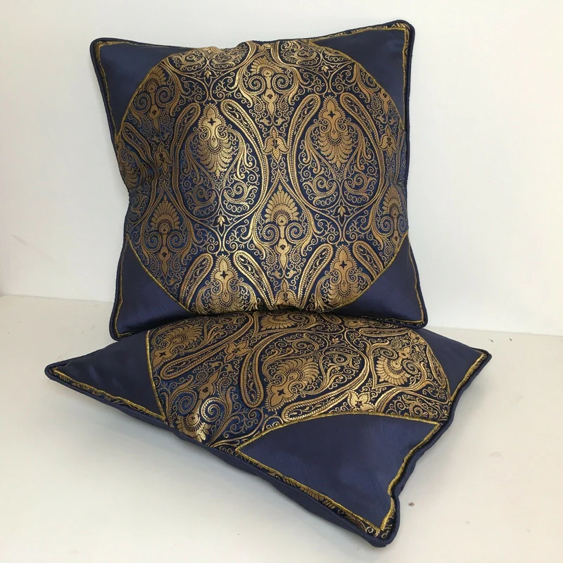 Navy Blue Indian Ornamental banarsi raw silk Cushion Cover Table Runner M1386