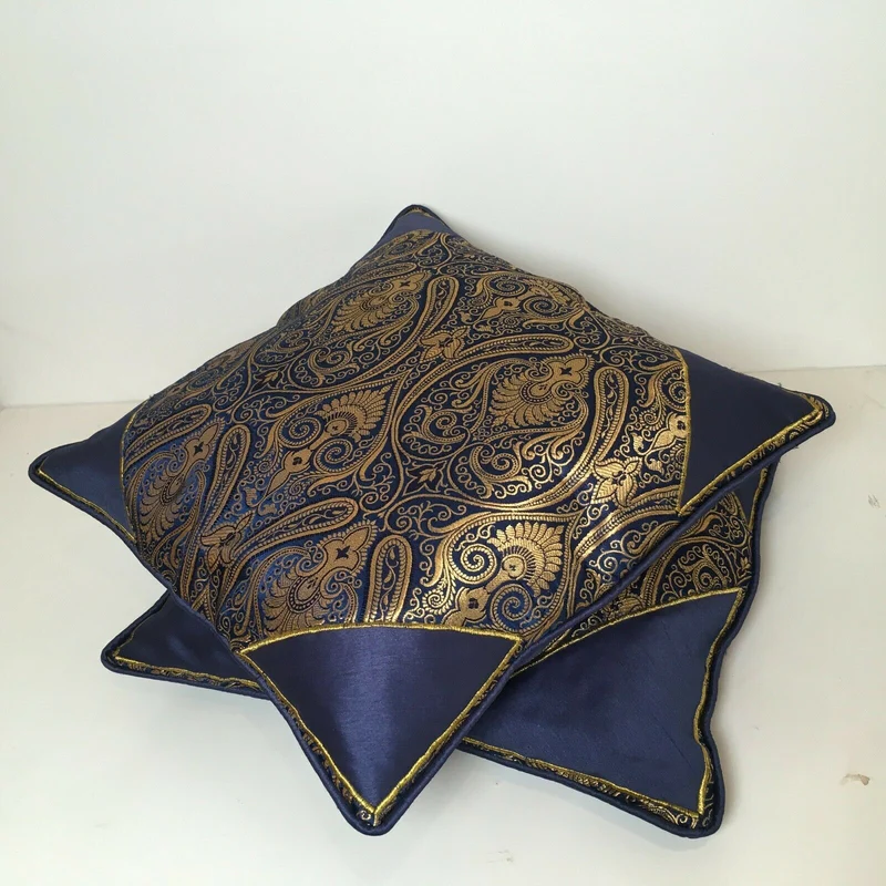 Navy Blue Indian Ornamental banarsi raw silk Cushion Cover Table Runner M1386