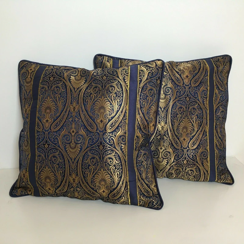 Navy Blue Indian Ornamental banarsi raw silk Cushion Cover Table Runner M1386