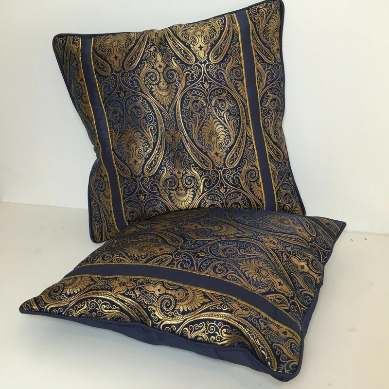 Navy Blue Indian Ornamental banarsi raw silk Cushion Cover Table Runner M1386
