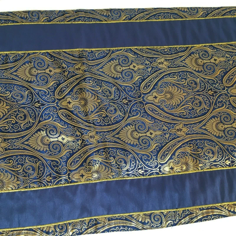 Navy Blue Indian Ornamental banarsi raw silk Cushion Cover Table Runner M1386