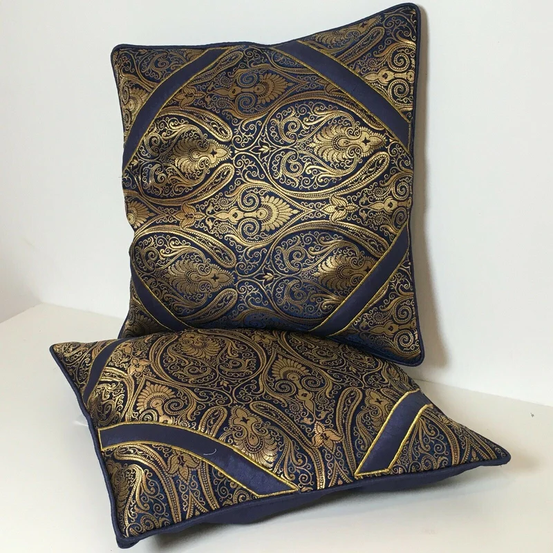 Navy Blue Indian Ornamental banarsi raw silk Cushion Cover Table Runner M1386