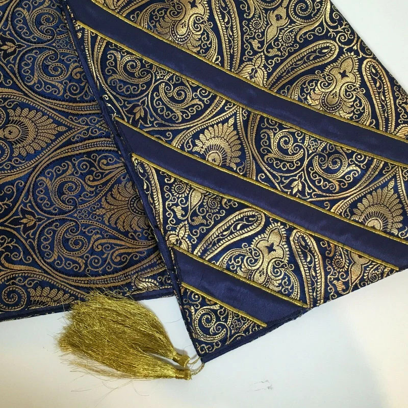 Navy Blue Indian Ornamental banarsi raw silk Cushion Cover Table Runner M1386