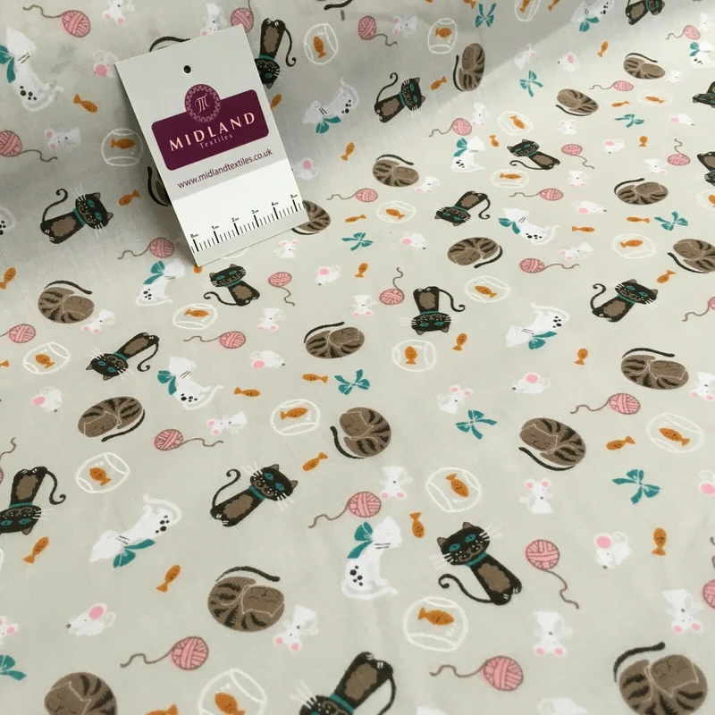 Cat and Mouse Poly Cotton Craft Fabric, 110 cm Wide, M1446