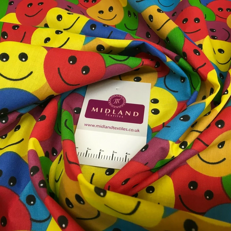 Rainbow Smiley Face Emoji Printed Polycotton Mask Fabric 110 cm MD1516 Mtex