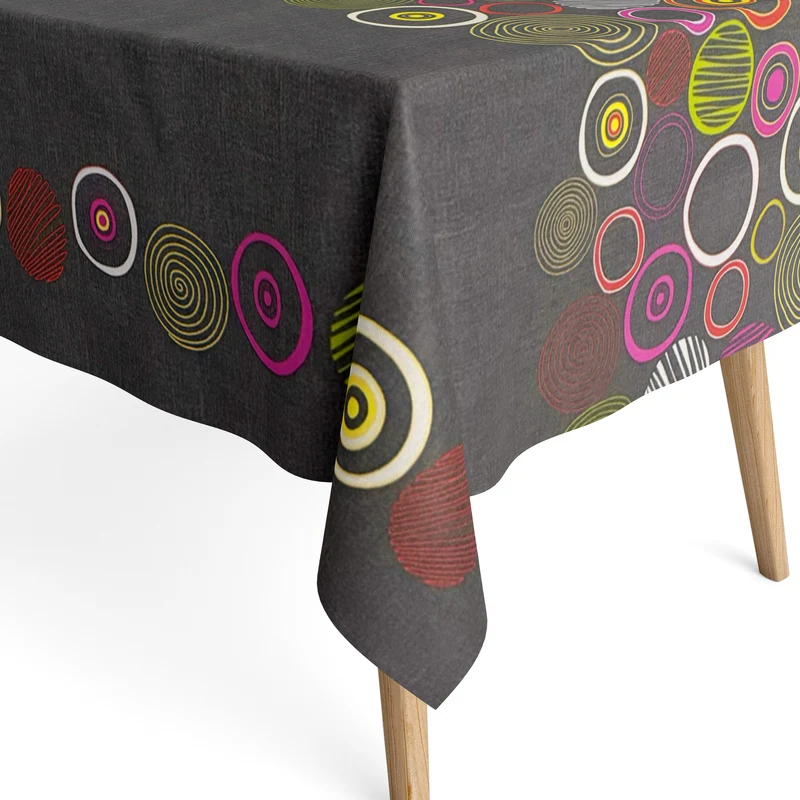 Jacquard Tischdecke aus beschichteter Baumwolle mit Fleckenschutz DUNE24 grau bunte Kreise Linien eckig rund oval