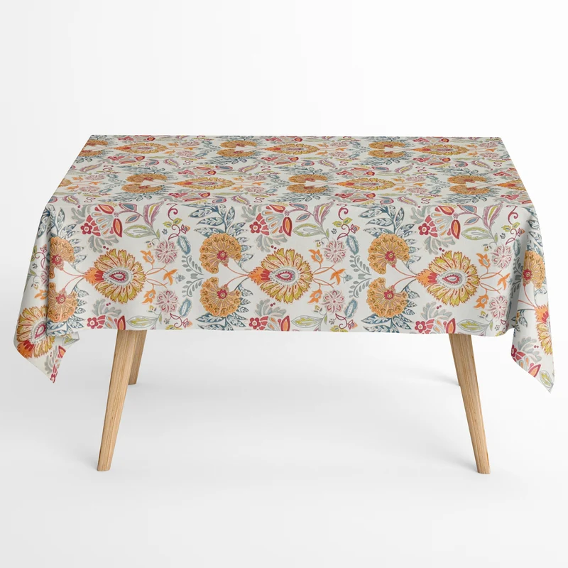 Jacquard Tischdecke aus beschichteter Baumwolle mit Fleckenschutz GORIEL2 orange blau Blumen und Blüten eckig rund oval