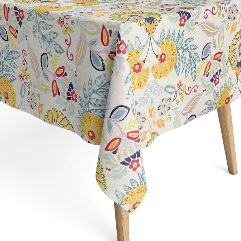 Jacquard Tischdecke aus beschichteter Baumwolle mit Fleckenschutz GORIEL1 gelb blau Blumen und Blüten eckig rund oval