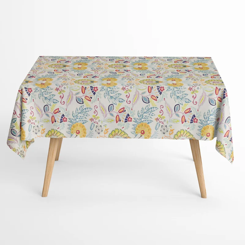 Jacquard Tischdecke aus beschichteter Baumwolle mit Fleckenschutz GORIEL1 gelb blau Blumen und Blüten eckig rund oval