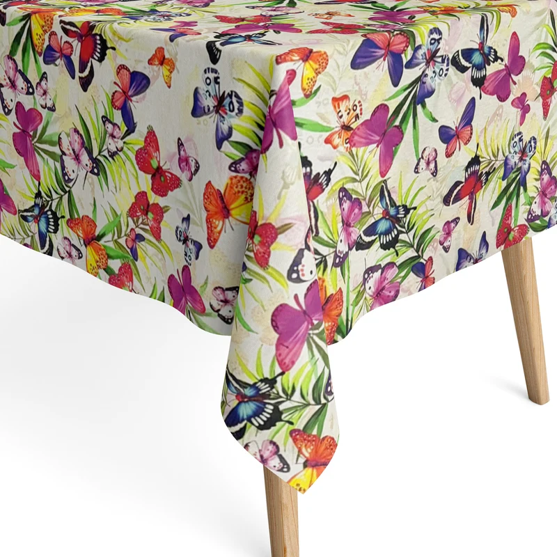 Jacquard Tischdecke aus beschichteter Baumwolle mit Fleckenschutz BUTTERFLY Dschungel Schmetterlinge eckig rund oval
