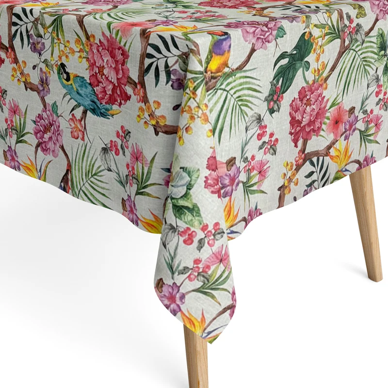 Jacquard Tischdecke aus beschichteter Baumwolle mit Fleckenschutz IPANEMA Dschungel Papagei Hibiskus eckig rund oval