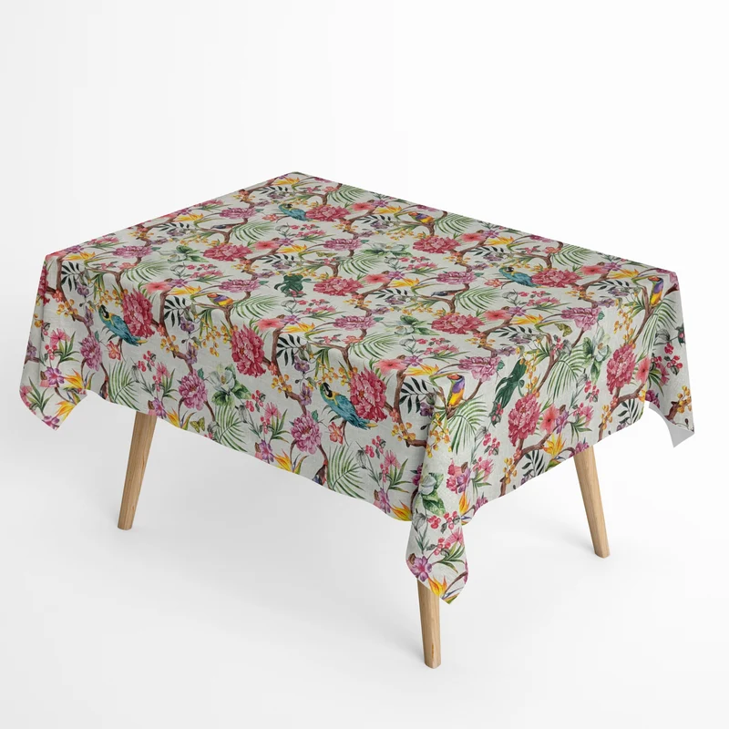 Jacquard Tischdecke aus beschichteter Baumwolle mit Fleckenschutz IPANEMA Dschungel Papagei Hibiskus eckig rund oval