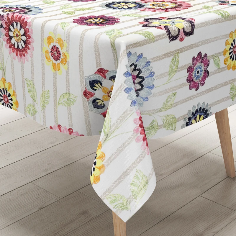 Wachstuch Tischdecke C144072 Blumen und Streifen eckig rund oval