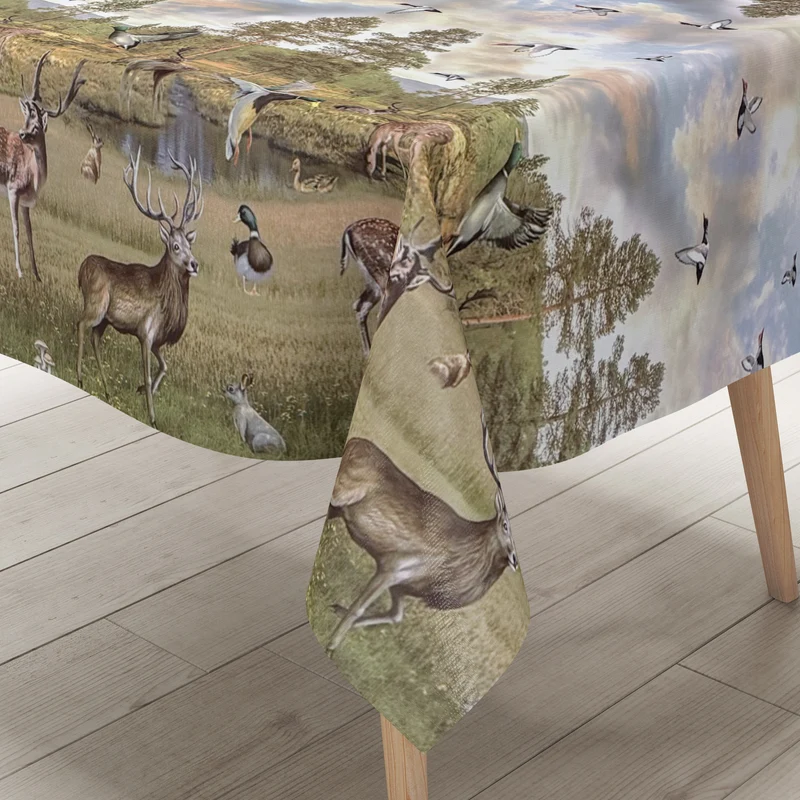 Wachstuch Tischdecke Bordürenmuster K170A Jagdmotiv Wildmotiv Hirsch Enten eckig rund oval