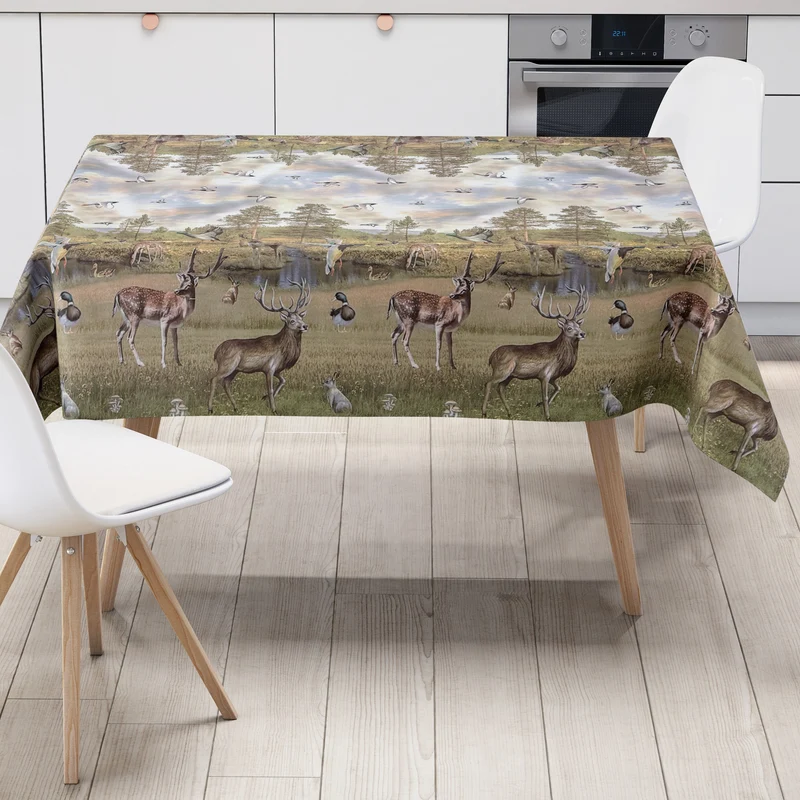 Wachstuch Tischdecke Bordürenmuster K170A Jagdmotiv Wildmotiv Hirsch Enten eckig rund oval