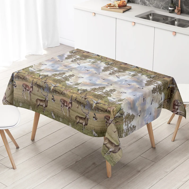 Wachstuch Tischdecke Bordürenmuster K170A Jagdmotiv Wildmotiv Hirsch Enten eckig rund oval