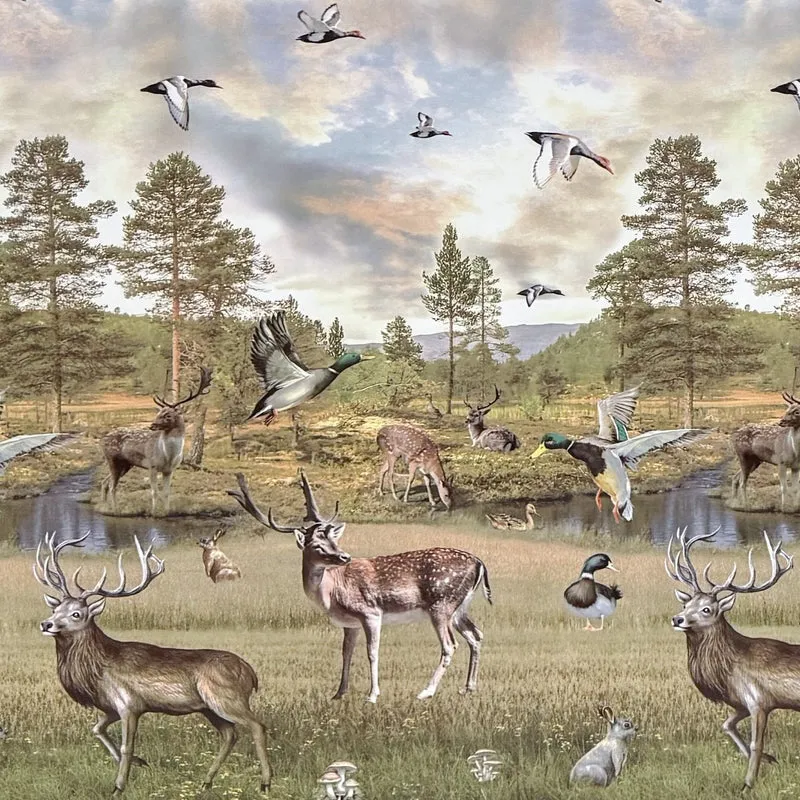 Wachstuch Tischdecke Bordürenmuster K170A Jagdmotiv Wildmotiv Hirsch Enten eckig rund oval