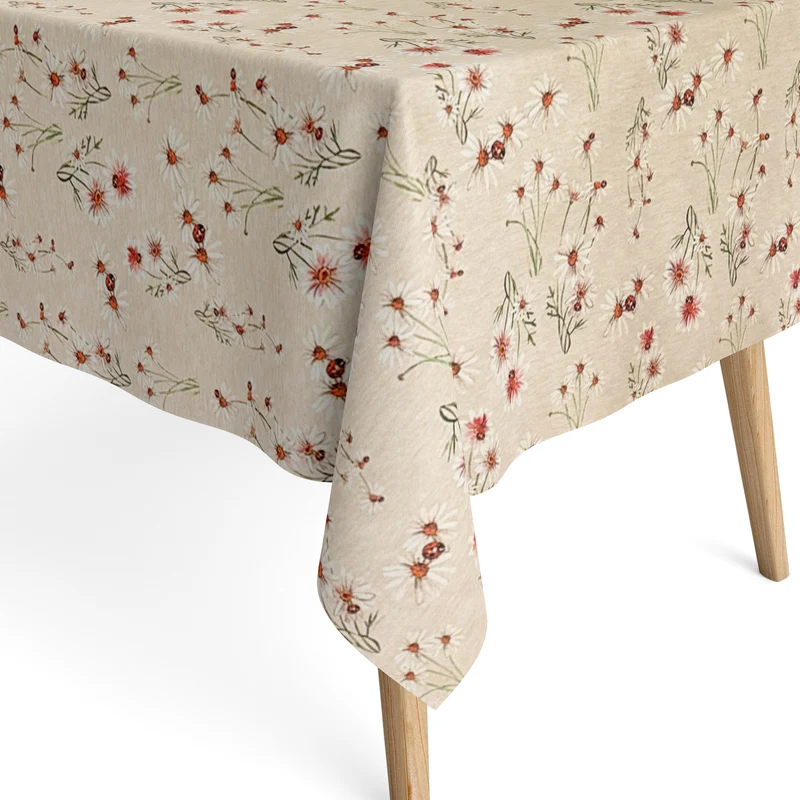 Jacquard Tischdecke aus beschichteter Baumwolle mit Fleckenschutz FORTUNA Gänseblümchen Marienkäfer eckig rund oval