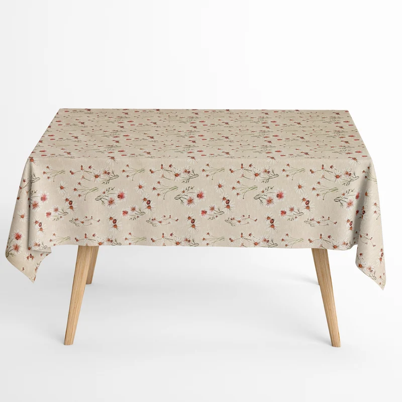 Jacquard Tischdecke aus beschichteter Baumwolle mit Fleckenschutz FORTUNA Gänseblümchen Marienkäfer eckig rund oval