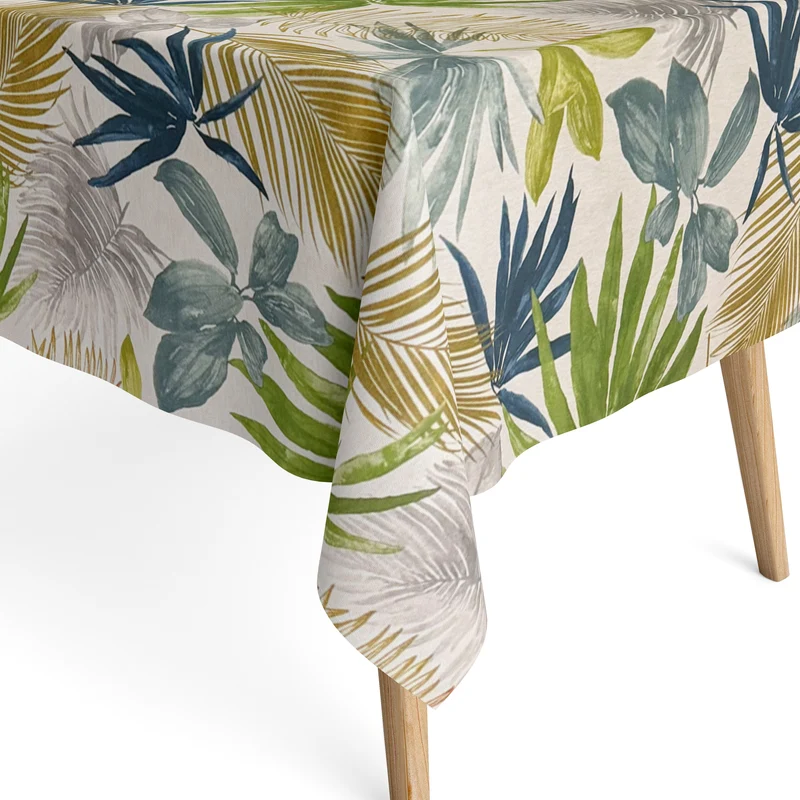 Jacquard Tischdecke aus beschichteter Baumwolle mit Fleckenschutz MALIA Dschungel grüne Blätter Palmen eckig rund oval