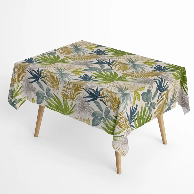 Jacquard Tischdecke aus beschichteter Baumwolle mit Fleckenschutz MALIA Dschungel grüne Blätter Palmen eckig rund oval