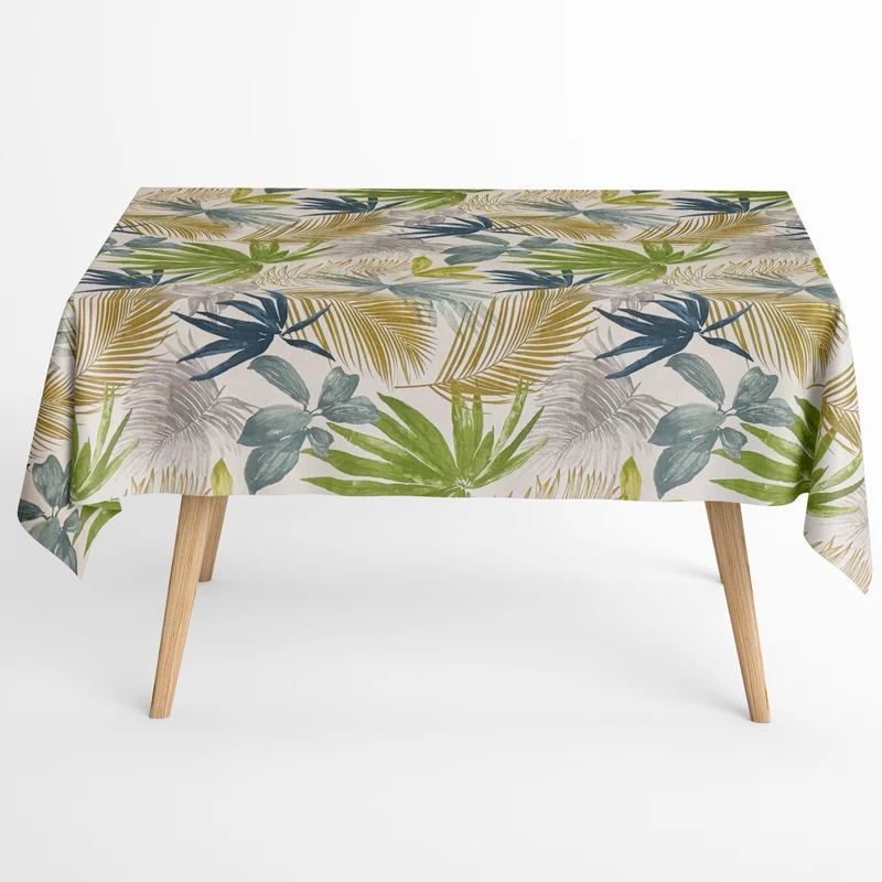 Jacquard Tischdecke aus beschichteter Baumwolle mit Fleckenschutz MALIA Dschungel grüne Blätter Palmen eckig rund oval
