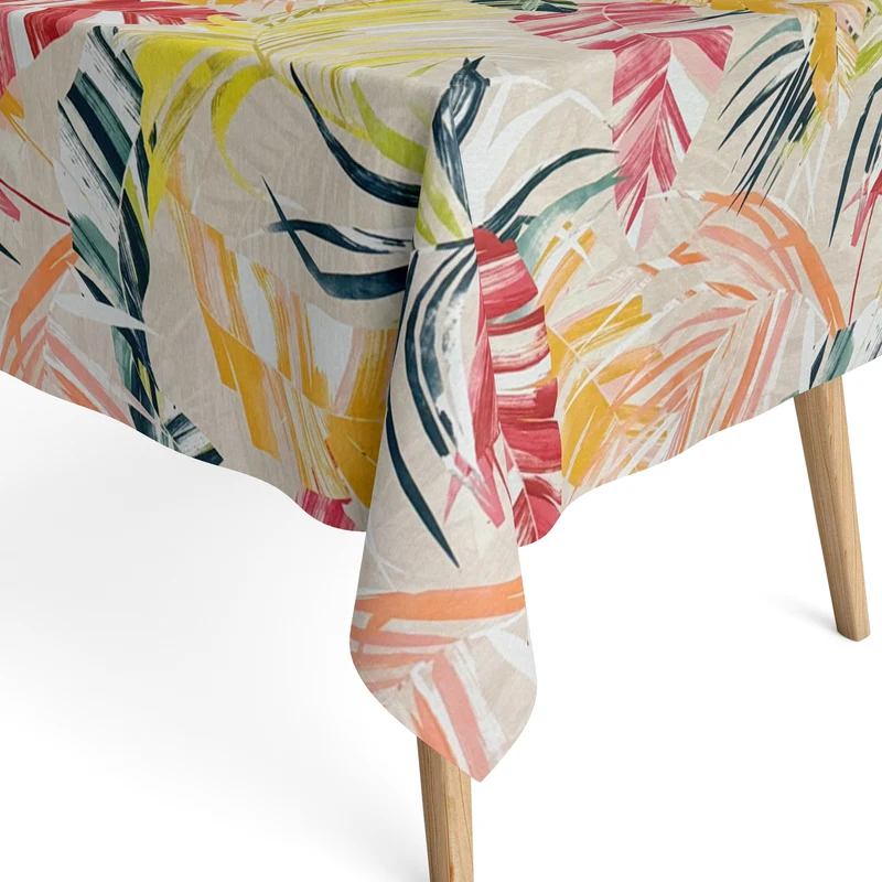Jacquard Tischdecke aus beschichteter Baumwolle mit Fleckenschutz AILEN Dschungel bunte Blätter Palmen eckig rund oval