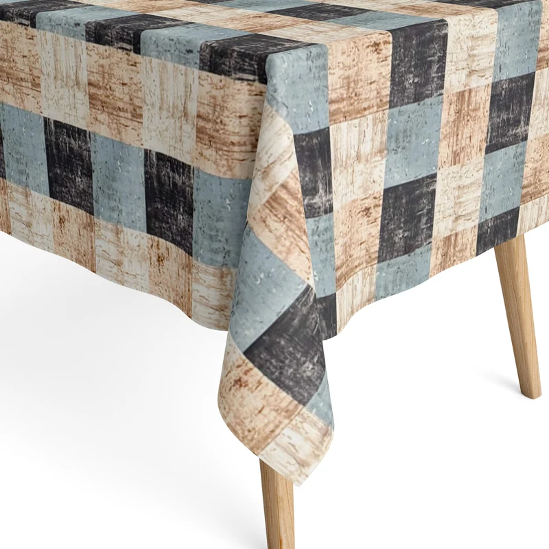 Jacquard Tischdecke aus beschichteter Baumwolle mit Fleckenschutz ALEXWY Quadrate Karo blau beige eckig rund oval