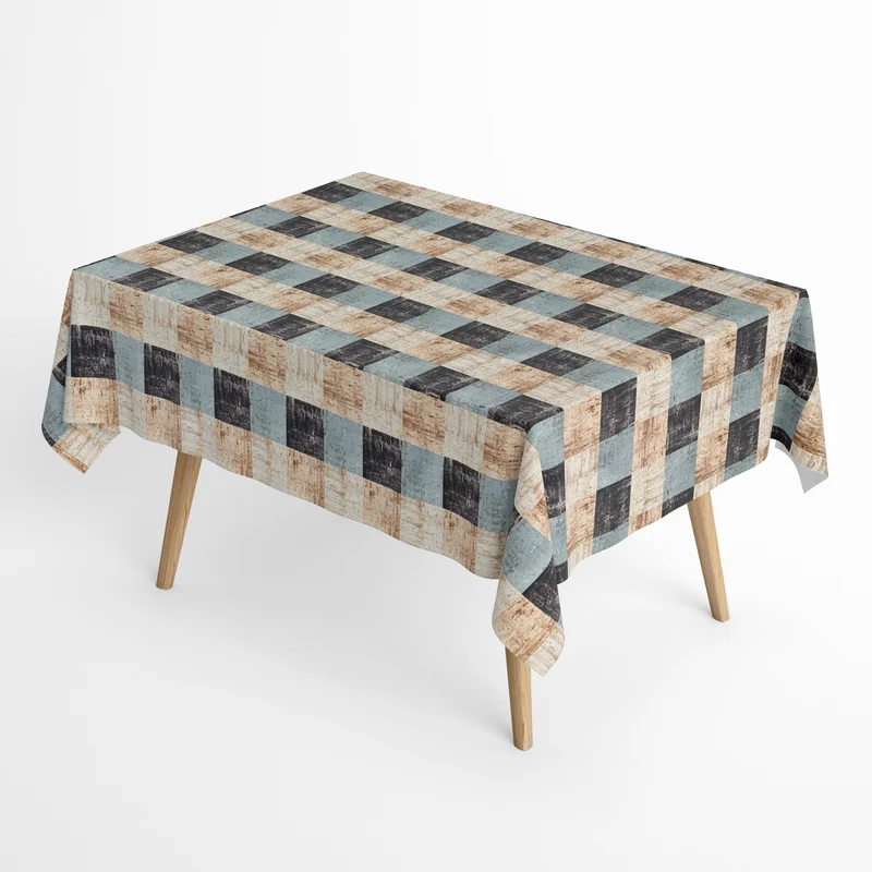 Jacquard Tischdecke aus beschichteter Baumwolle mit Fleckenschutz ALEXWY Quadrate Karo blau beige eckig rund oval