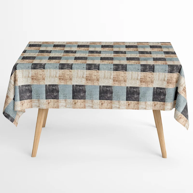 Jacquard Tischdecke aus beschichteter Baumwolle mit Fleckenschutz ALEXWY Quadrate Karo blau beige eckig rund oval