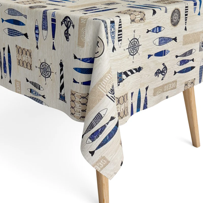 Jacquard Tischdecke aus beschichteter Baumwolle mit Fleckenschutz AQUARIUM maritim Anker Leuchtturm Fische eckig rund oval