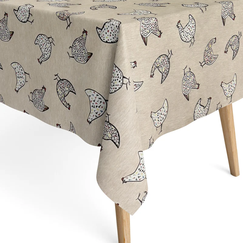 Jacquard Tischdecke aus beschichteter Baumwolle mit Fleckenschutz PIO beige Hühner Bauernhof eckig rund oval
