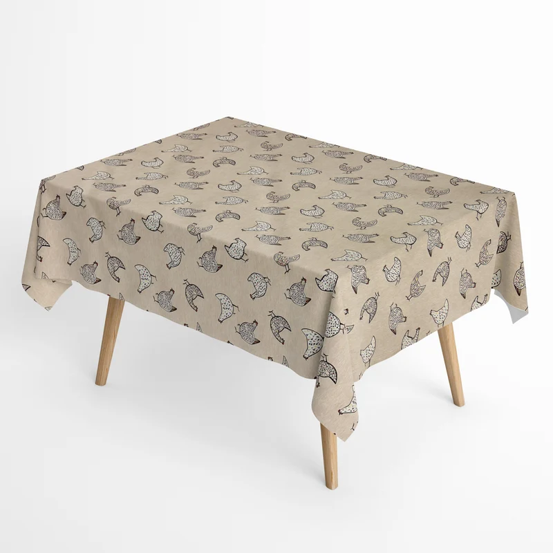 Jacquard Tischdecke aus beschichteter Baumwolle mit Fleckenschutz PIO beige Hühner Bauernhof eckig rund oval