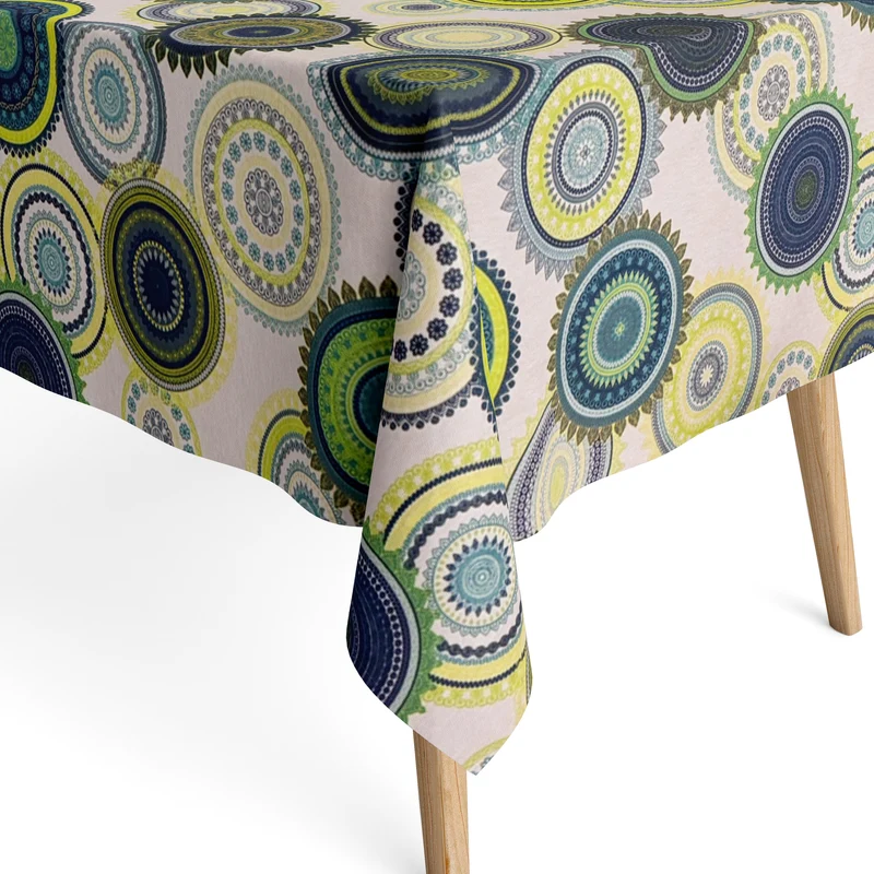 Jacquard Tischdecke aus beschichteter Baumwolle mit Fleckenschutz NASSAU Mandala grün blau eckig rund oval