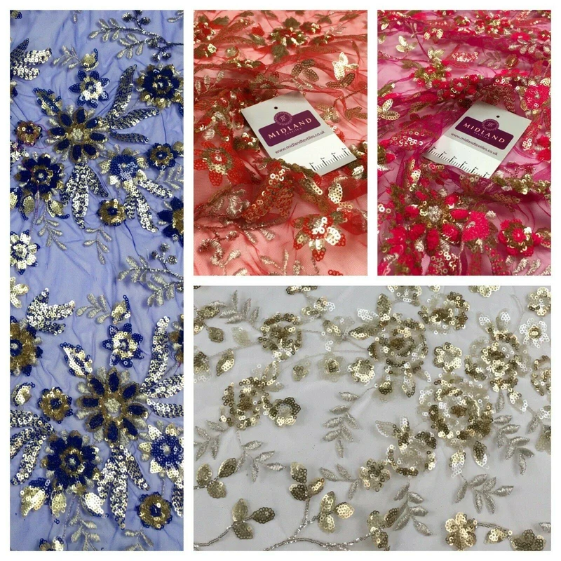 Floral Sequins Net Metallic Wedding Dress Fabric 100 cm MK1383 Mtex