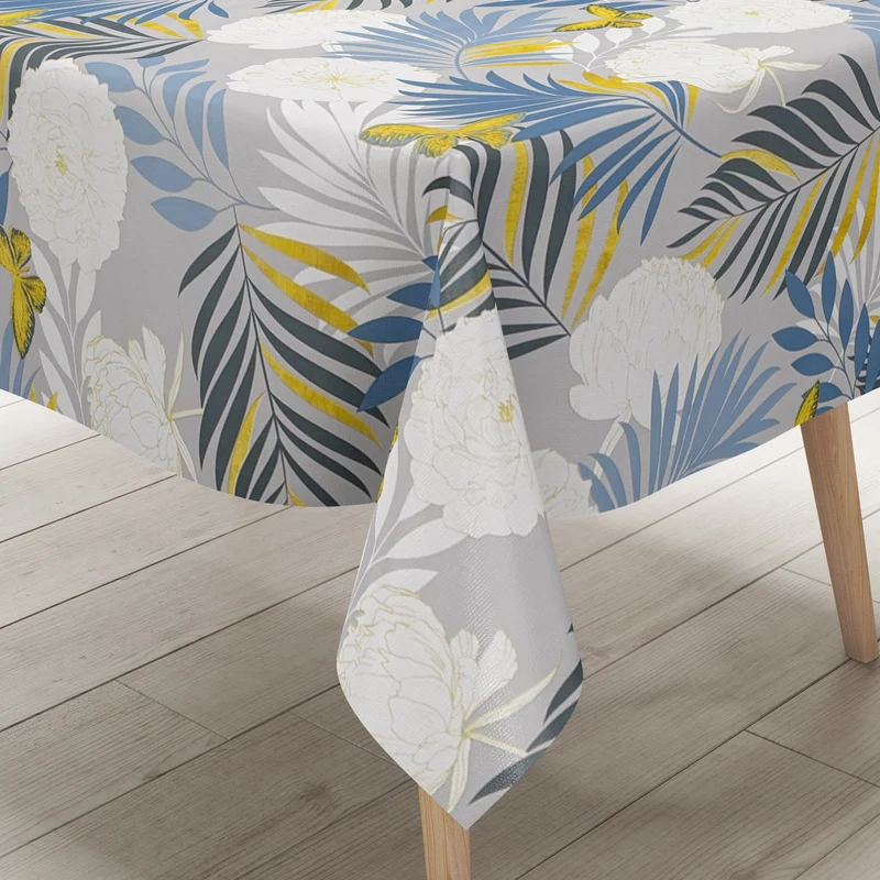Wachstuch Tischdecke geprägt B6032-01 goldene Schmetterlinge und blaue Blätter auf grau eckig rund oval